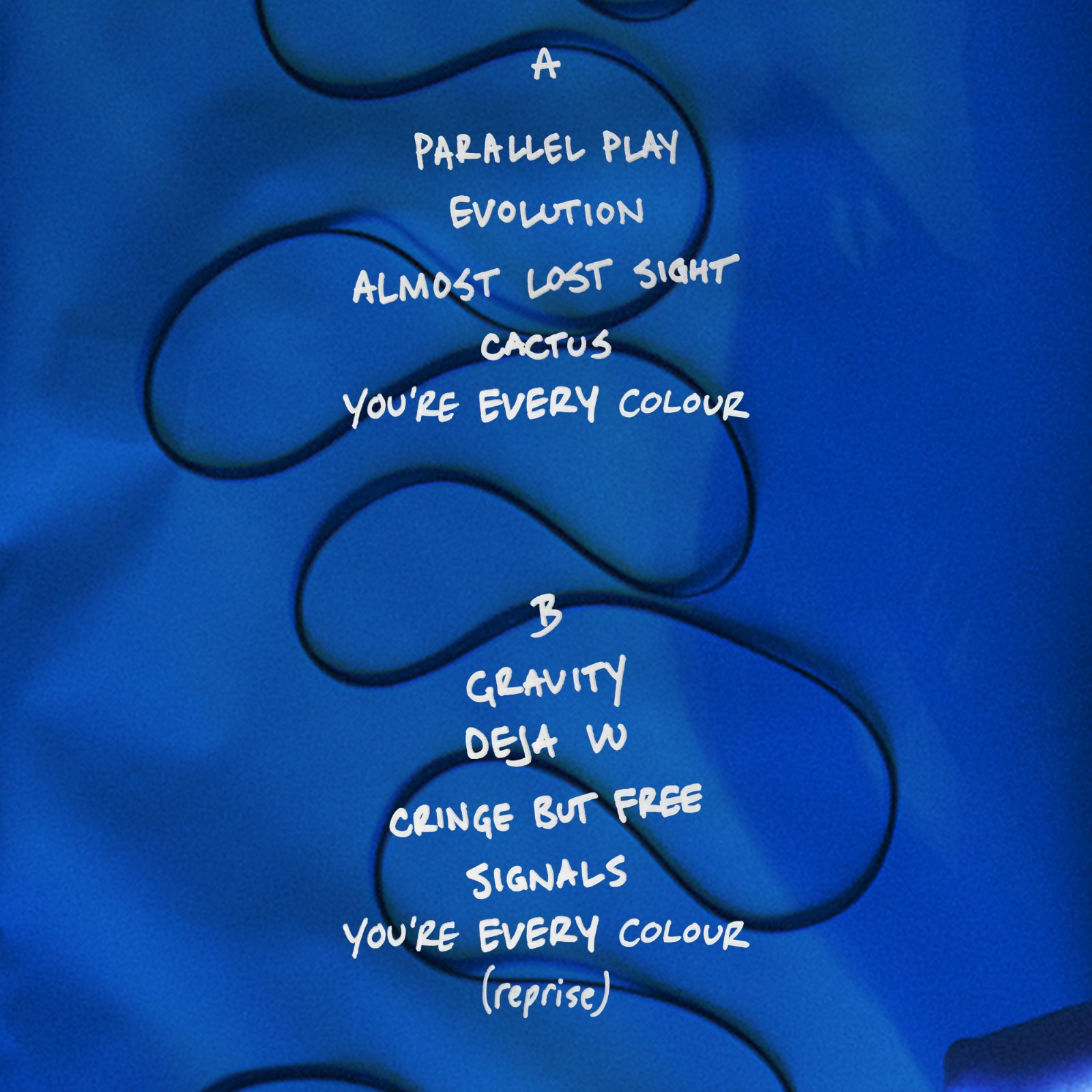 Parallel Play back cover with the tracklist and a winding cable squiggle